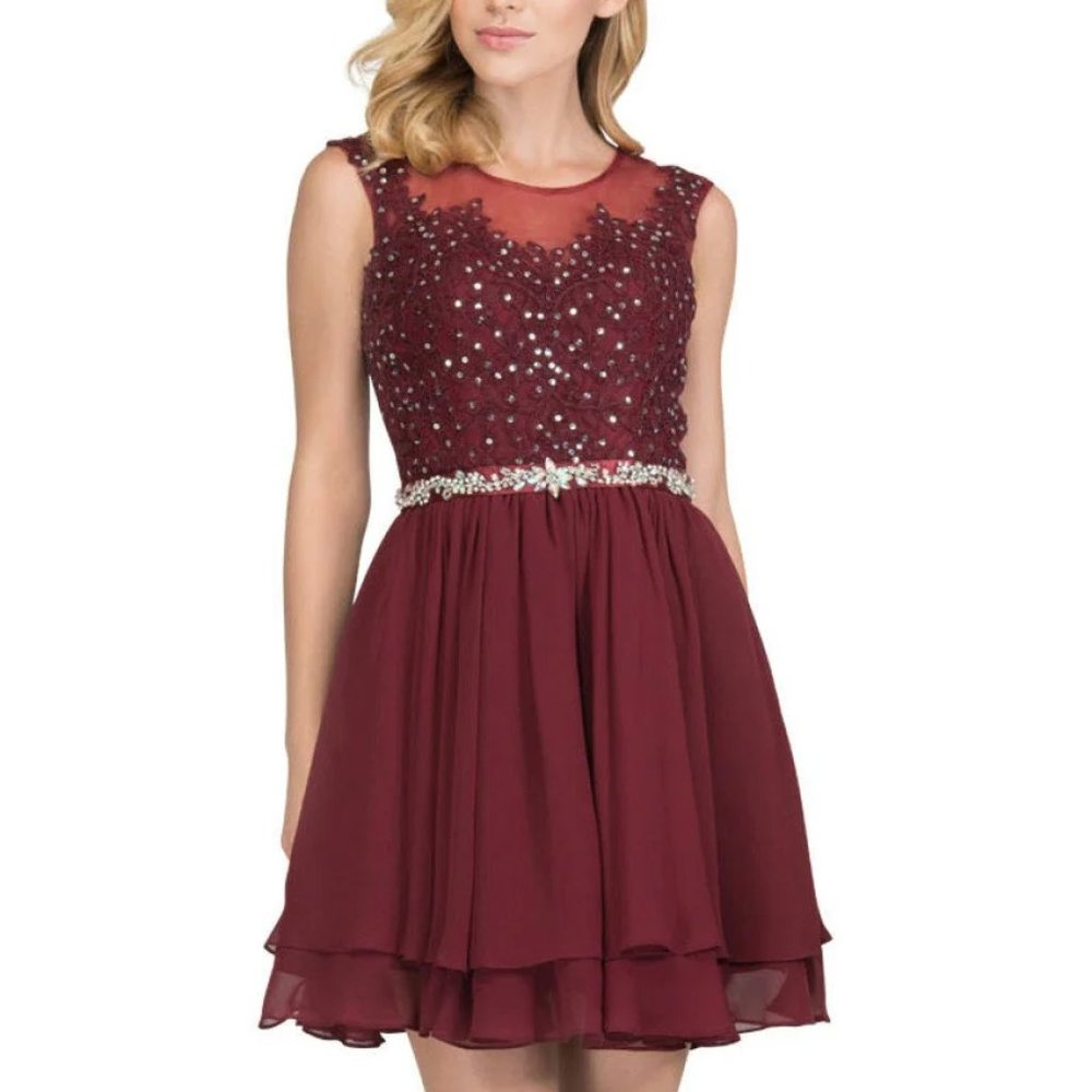 SHORT ILLUSION DRESS WITH BEADED LACE APPLIQUES BY STAR BOX 6171